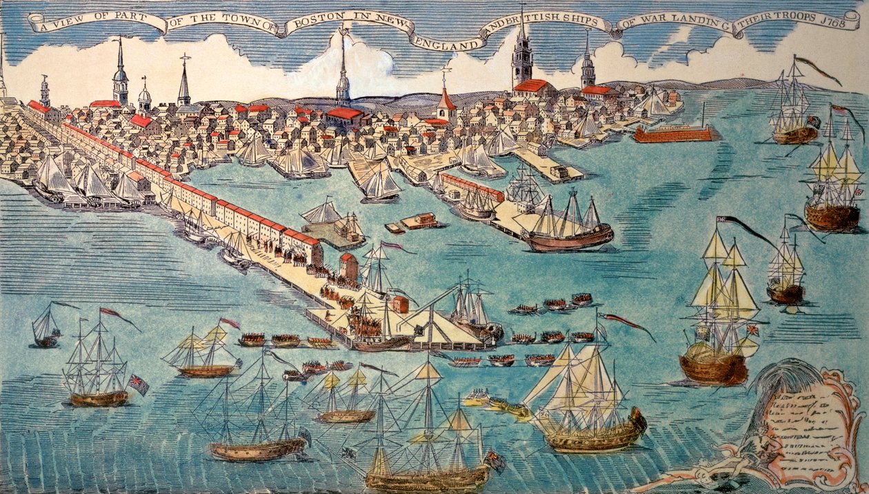منظر لجزء من مدينة بوسطن في نيو إنجلاند وسفن الحرب البريطانية التي تهبط بقواتها ، 1768 (نقش يدوي) بواسطة بول ريفير