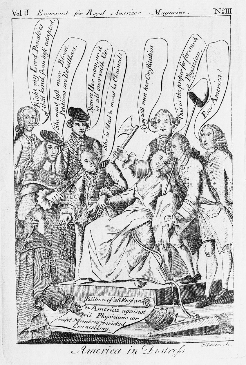 أمريكا في محنة ، مطبوعة في "Royal American Magazine" نشرت مارس 1775 بواسطة بول ريفير