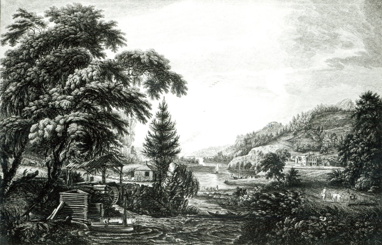 تصميم يمثل بداية واكتمال مستوطنة أو مزرعة أمريكية ، من "Scenographia Americana" ، منقوش بواسطة جيمس بيك ، 1768 بواسطة بول ساندبي