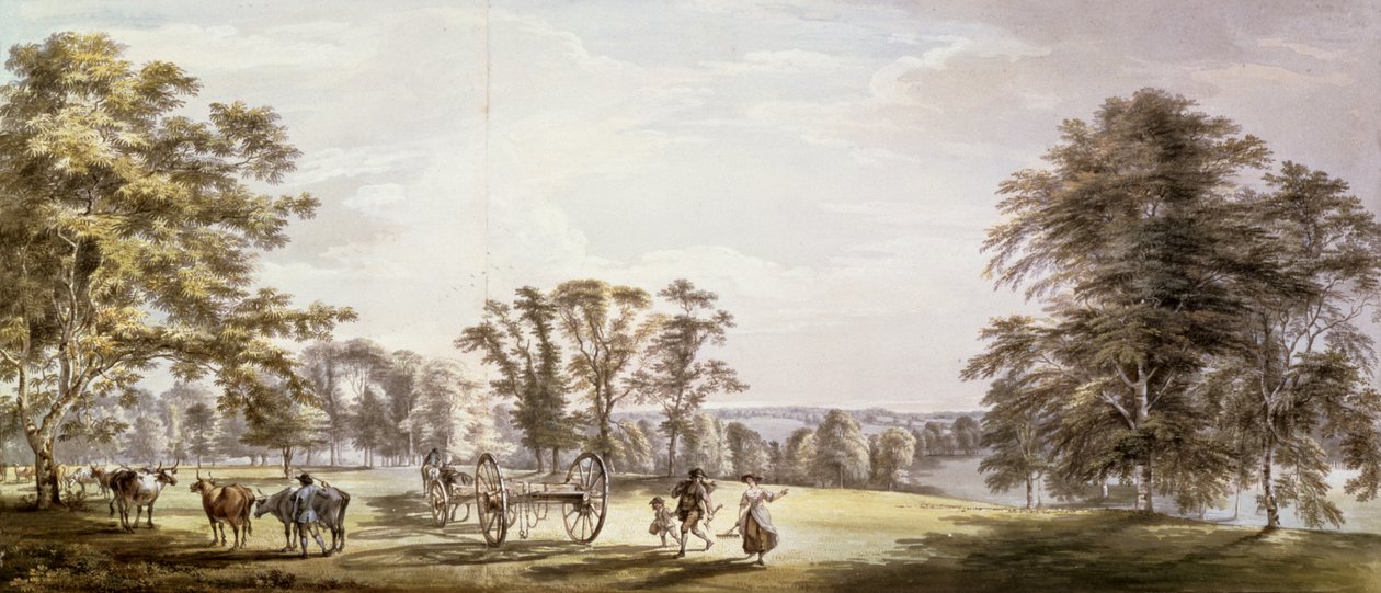 مشهد في إيرل بوتس بارك في لوتون 1763-65 (قلم رصاص وقلم حبر ومرحاض وجسم على الورق) بواسطة بول ساندبي