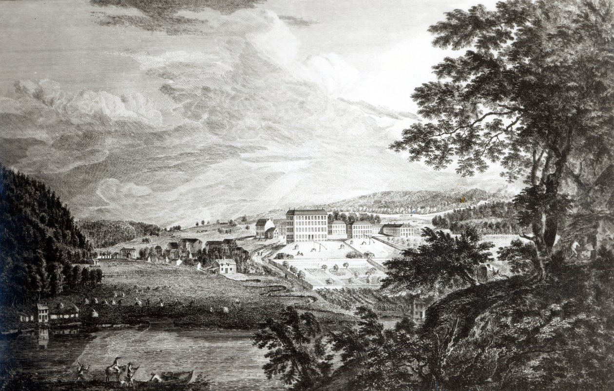 منظر لبيتليم مستوطنة مورافيا العظمى في مقاطعة بنسلفانيا من "Scenographia Americana" ، 1768 بواسطة بول ساندبي