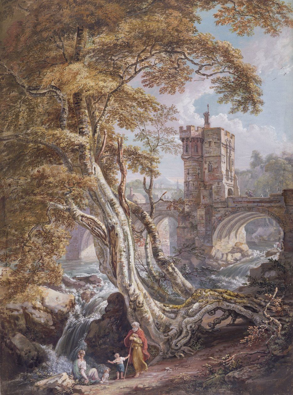 PD.8-1976 منظر لجسر ويلز القديم ، شروزبري ، c.1770 (مرحاض ، غواش و حبر على ورق) بواسطة بول ساندبي
