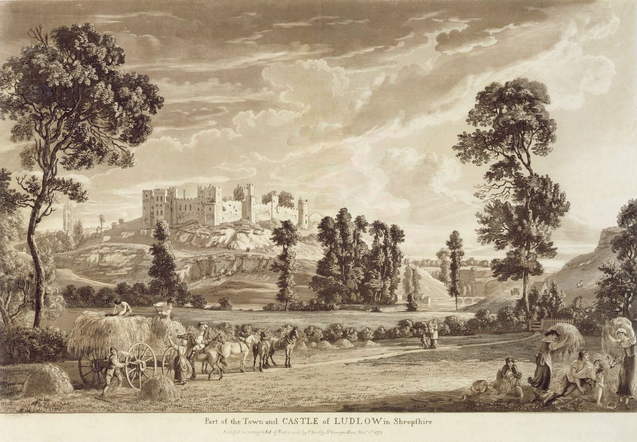 جزء من بلدة وقلعة لودلو في شروبشاير ، منقوش بواسطة الفنان ، نشره P. Sandby ، 1779 (نقش مائي) بواسطة بول ساندبي