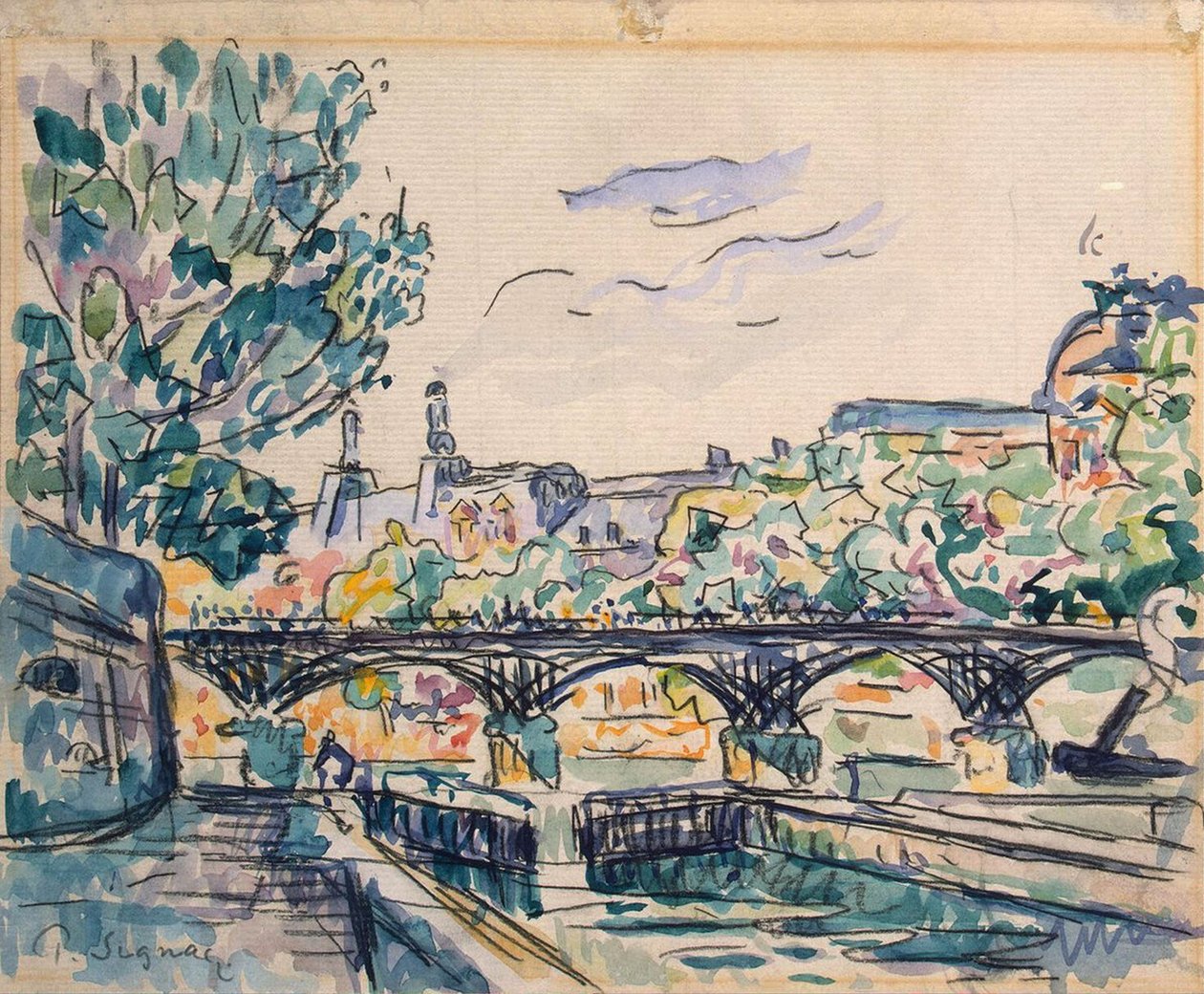 ضفة نهر السين بالقرب من Pont des Arts ، مع إطلالة على متحف اللوفر (قلم وحبر مع مرحاض وغواش على ورق) بواسطة بول سينياك