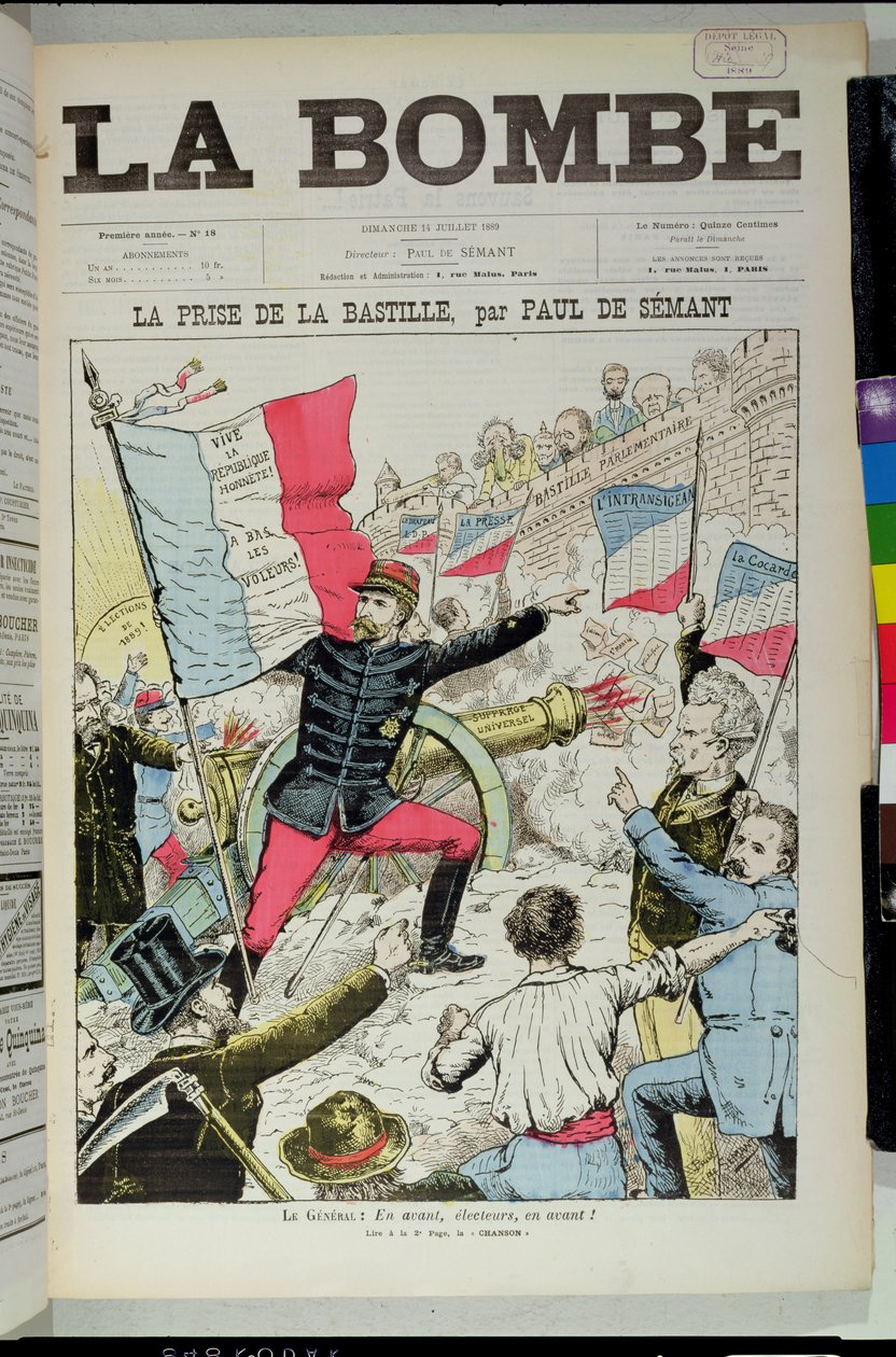 غلاف "لا بوم" يصور الجنرال بولانغر (1837-91) "أخذ" الباستيل ، كاريكاتيرًا عن الانتخابات الفرنسية لعام 1889 ، 14 يوليو 1889 بواسطة بول دي سيمانت