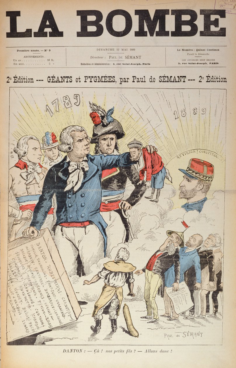 عمالقة ثورة 1789 قبل أقزام جمهورية 1889 ، الغلاف الأمامي لمجلة "لا بومب" ، 12 مايو 1889 بواسطة بول دي سيمانت