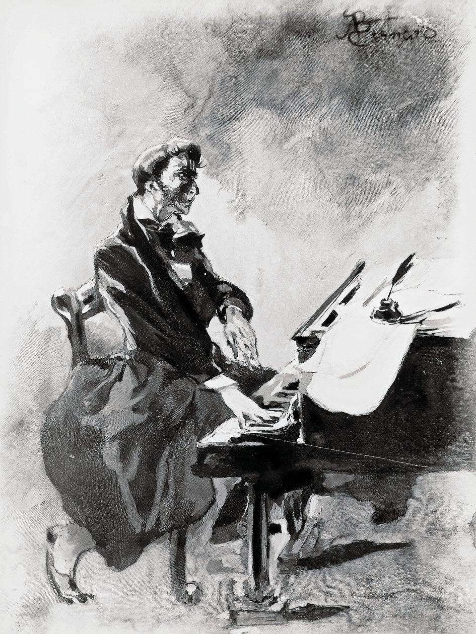 The composer and pianist Frederic Chopin playing the piano, by Albert Besnard (1849-1934), watercolor بواسطة بول ألبرت بيسنارد