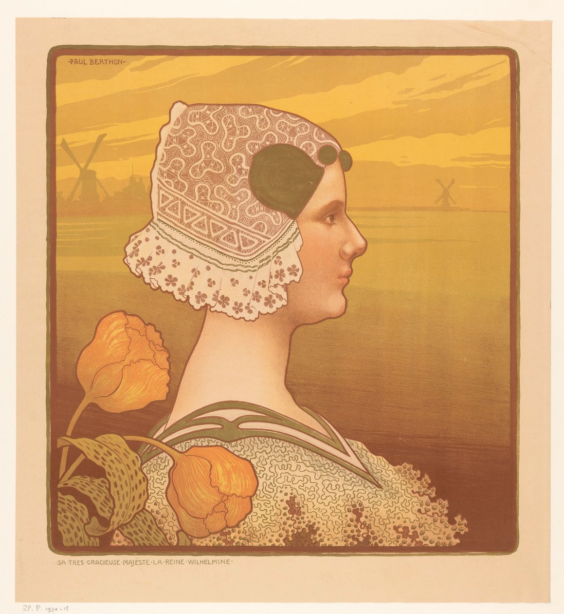 صورة للملكة ويلهيلمينا بالزي التقليدي Sa très gracieuse majeste la reine Wilhelmine (العنوان على الكائن) بواسطة بول بيرثون