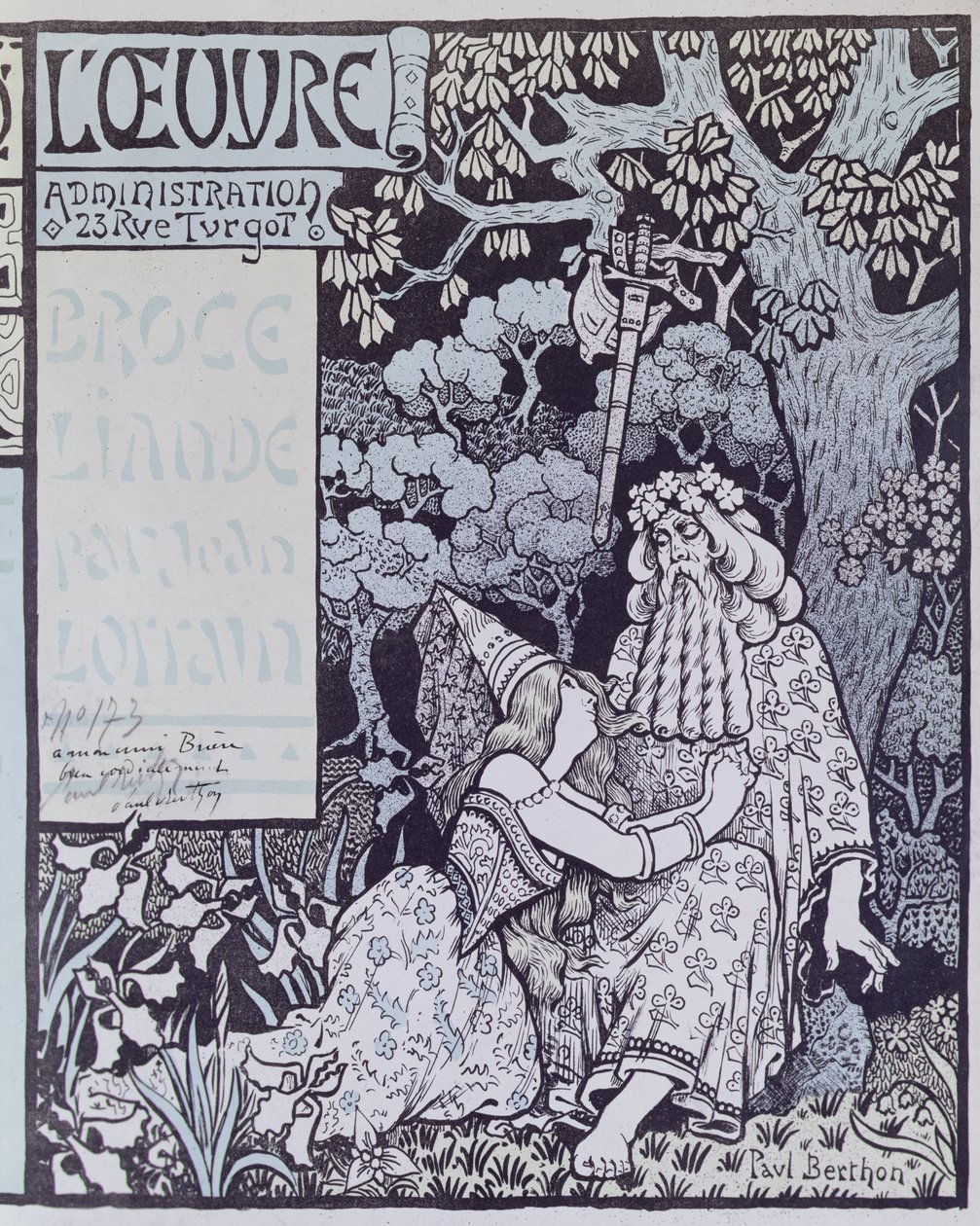 The Enchanter Merlin and the Fairy Vivien in the Forest of Broceliande ، من "Broceliande" ، مسرحية جان لورين (1855-1906) حوالي عام 1900 (نقش خشبي) بواسطة بول بيرثون