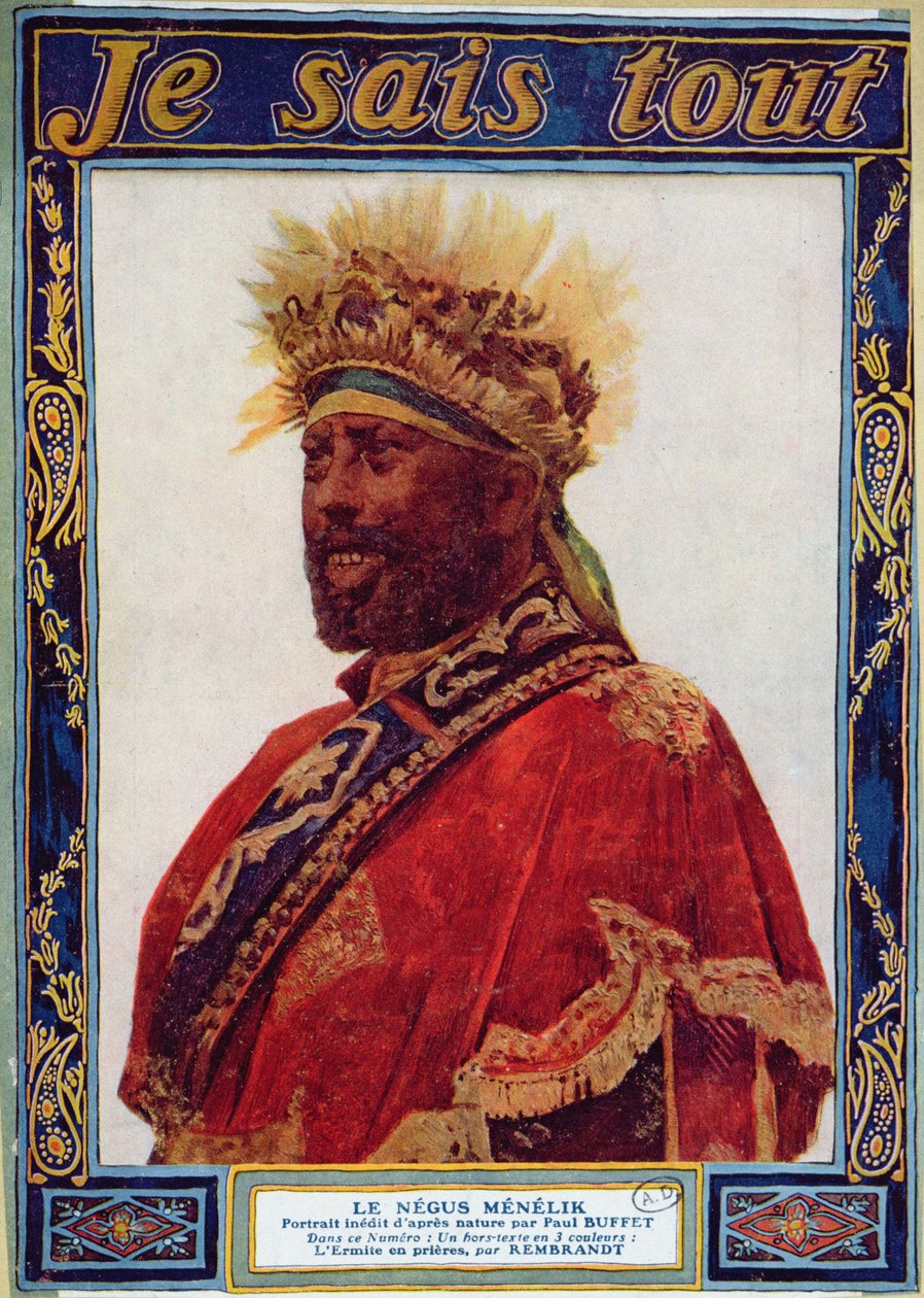 صورة لنقوس إثيوبيا ، منليك الثاني (1844-1913) ، رسم توضيحي من مجلة Je Sais Tout ، c.1900 بواسطة بول بوفيه