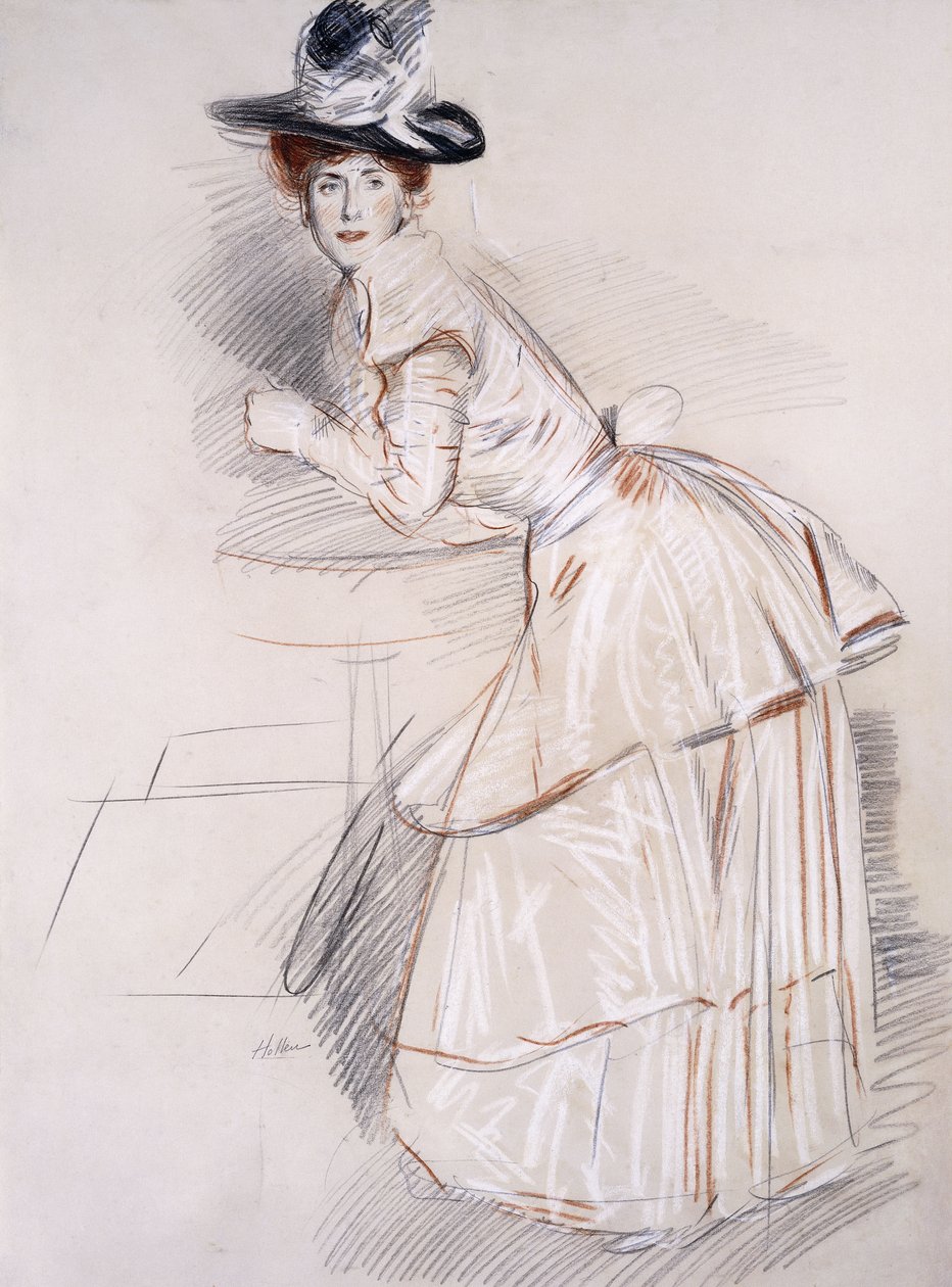صورة مدام Helleu متكئة على طاولة ، بواسطة بول سيزار هيليو
