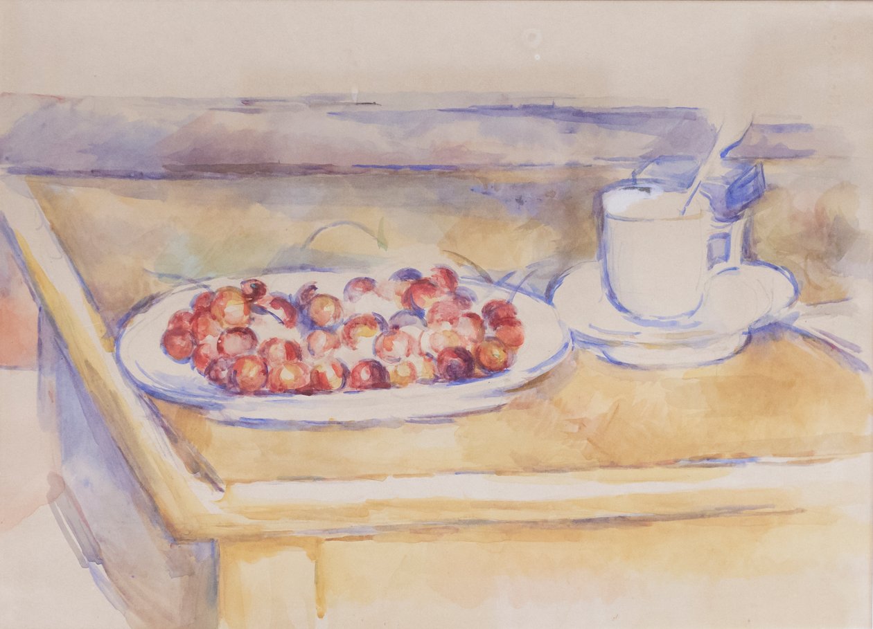 كوب وطبق من الكرز ، 1890 (قلم رصاص وأكواريل على ورق) بواسطة بول سيزان