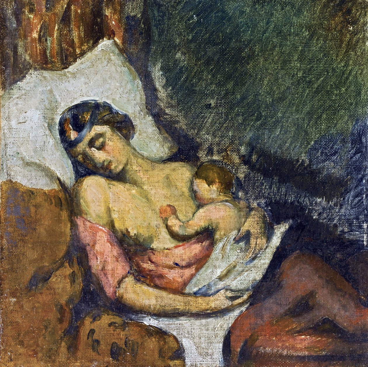 Hortense allaitant Paul - امرأة ترضع طفلها حسب سيزان ، بول (1839-1906) ، حوالي 1872 - زيت على قماش ، 23،2x23،2 - مجموعة خاصة بواسطة بول سيزان