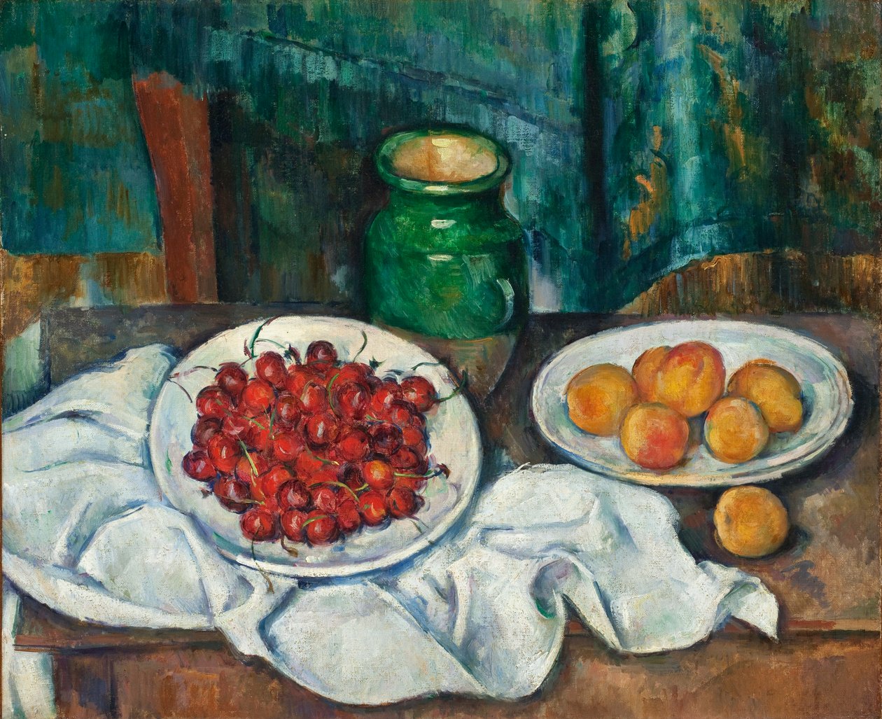 "" Nature morte aux cerises et aux peches "(الحياة الساكنة مع الكرز والخوخ) Peinture de Paul Cezanne (1839-1906) - 1885-1887 - زيت على قماش خافت 50،2x61 سم متحف مقاطعة لوس أنجلوس للفنون بواسطة بول سيزان