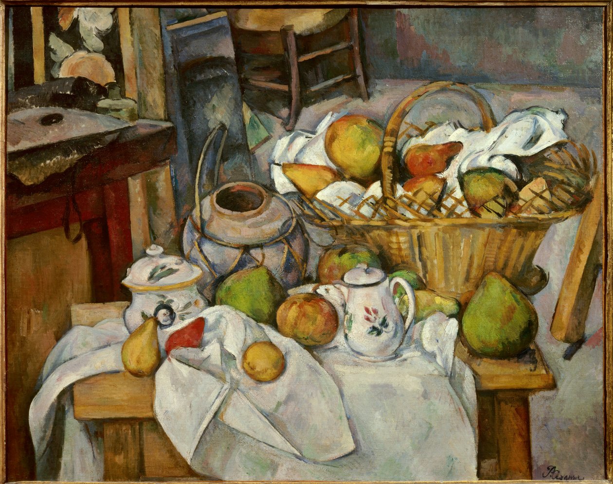 طاولة المطبخ Still Life لسلة فواكه موضوعة على منضدة. لوحة بول سيزان (1839-1906) 1888 صن. 0،65x0،81 م باريس ، متحف أورسيه - طاولة مطبخ أو ستيل لايف مع سلة. الأشياء والفواكه مجمعة على طاولة. اللوحة بواسطة بول سيزان ( بواسطة بول سيزان
