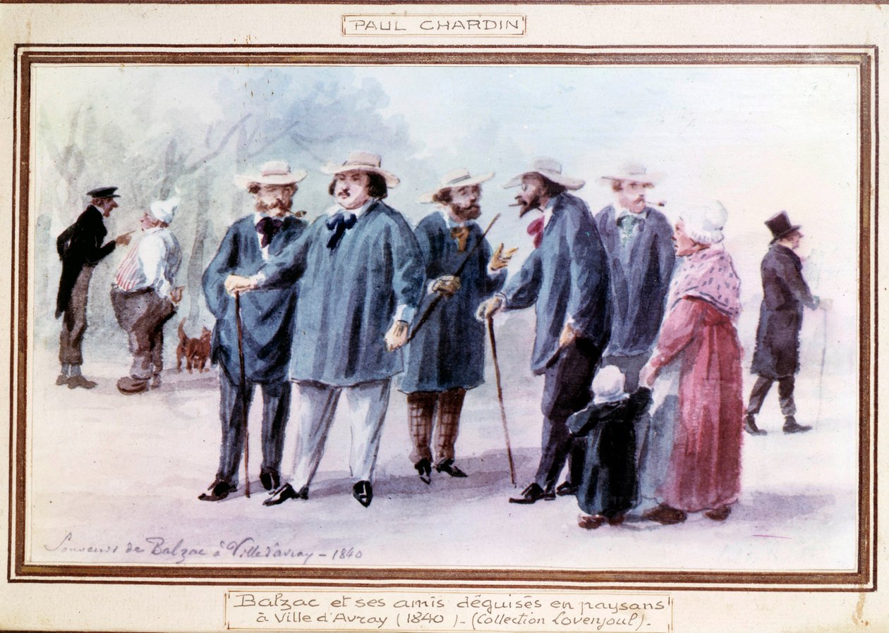 الكاتب الفرنسي أونوريه دي بلزاك (1799-1850) وأصدقاؤه يتنكرون في زي فلاحين في بلدة أفراي في عام 1840. لوحة مائية رسمها بول شاردان (1833 -؟) بواسطة بول شاردان