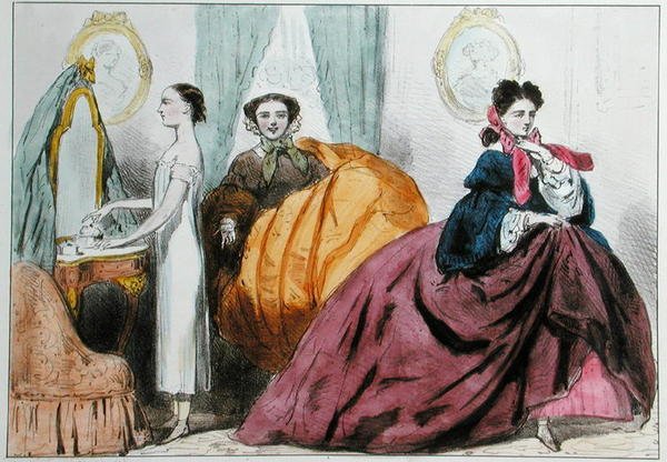 رسم كاريكاتوري يسخر من أزياء القرينول ، حوالي عام 1860 (لون ليثو) بواسطة بول اميل ديتوش