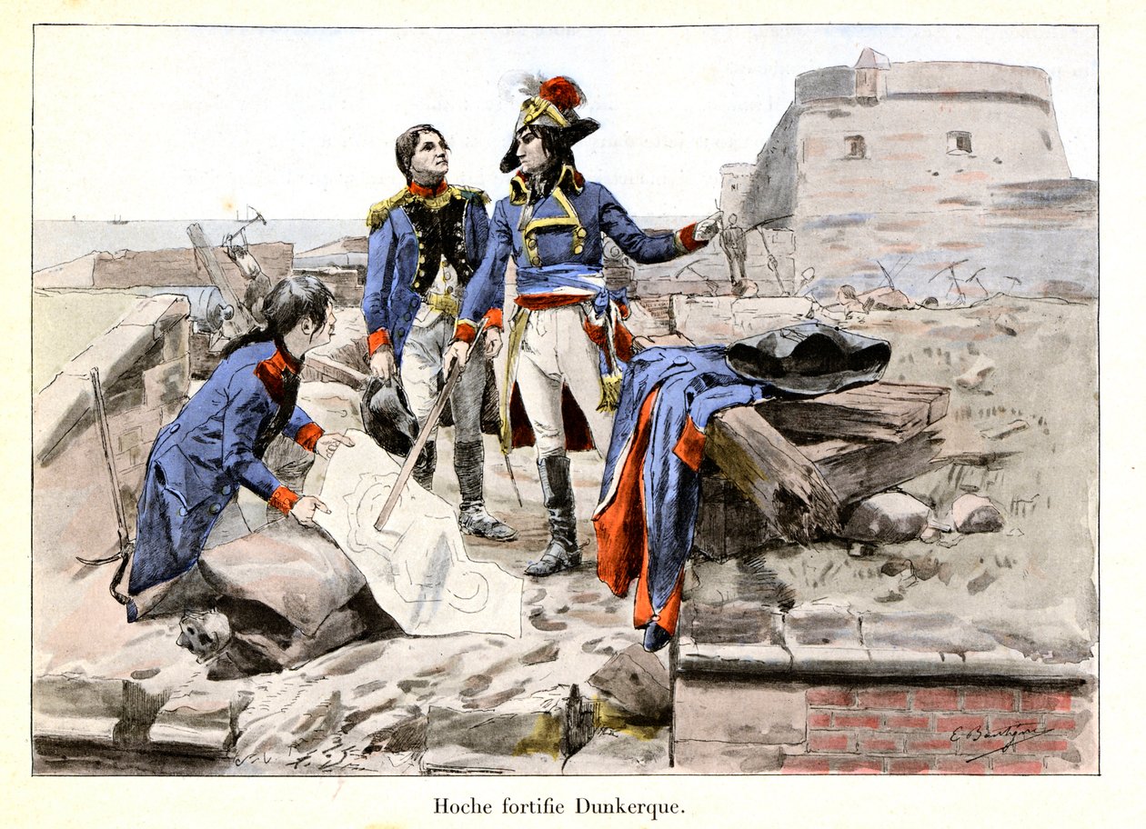 Hoche يحصن Dunkirk: في عام 1793 ، دافع ضابط الصف Lazare Hoche (1768-1797) عن Dunkirk ضد البريطانيين من خلال جعل المدينة صعبة للغاية على الأعداء للقيادة - رسم لإيميل بوتيني (1853-1929) في Hoche-Marceau-Desaix بقلم ثيودور بواسطة بول إميل بوتيني
