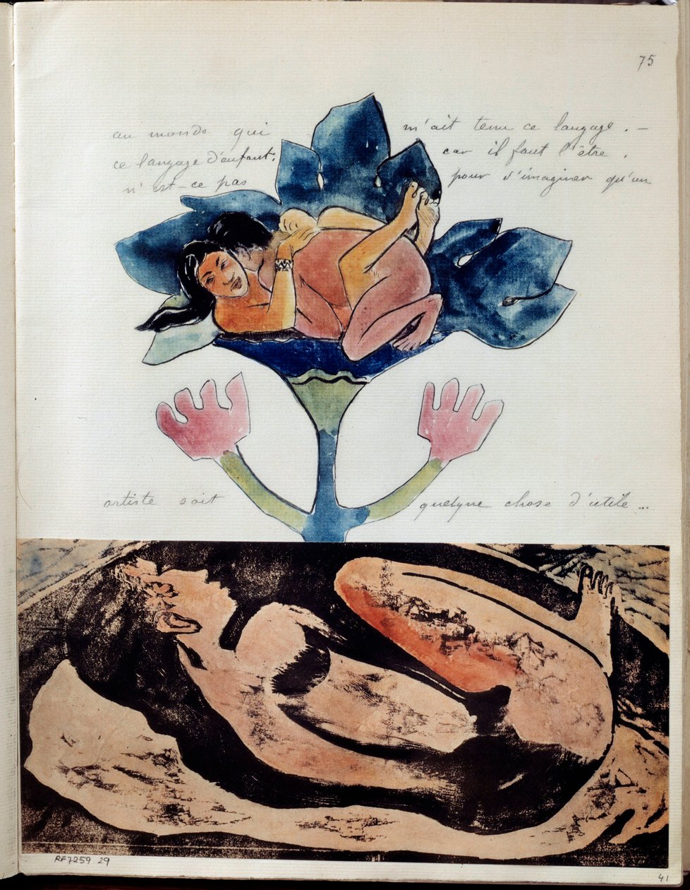ألبوم Noa (أو Noa Noa) للرسام Paul Gauguin (1848-1903): ورقة 75. في الجزء العلوي ، رسم بالألوان المائية والقلم والحبر يمثل الزوجين أثناء الجماع وفي الجزء السفلي نقش بألوان مائية بارزة لامرأة نائمة . حوالي عام 1893 بواسطة بول غوغان