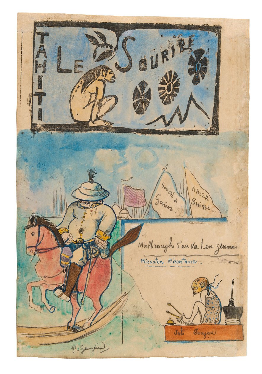 رسوم كاريكاتورية لغوغان والحاكم غاليه، مع غطاء للرأس من فيلم quot;Le sourirequot; بواسطة بول غوغان