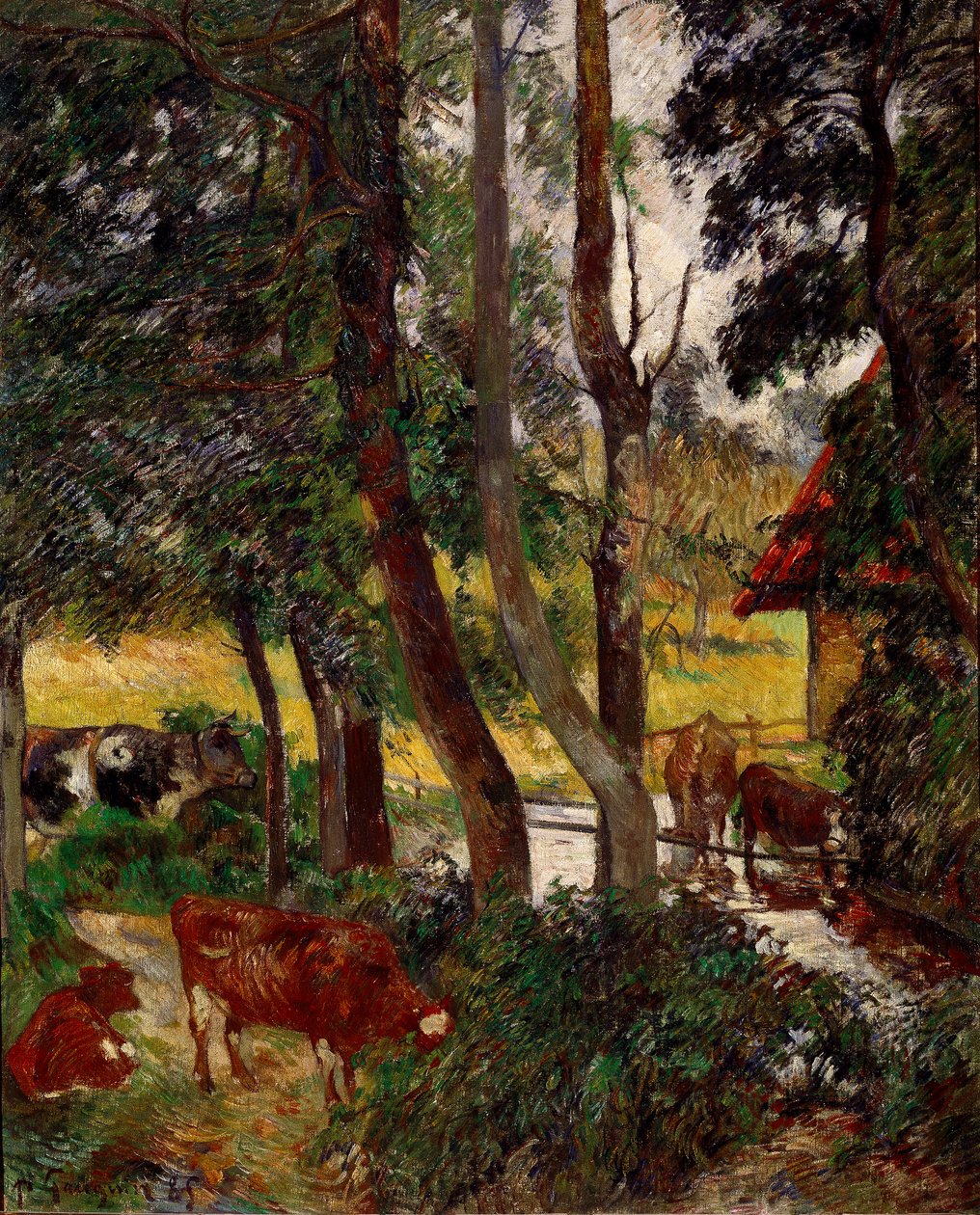 Landscape in Brittany - Cows a watering bowl or Corner de pond. Painting by Paul Gauguin (1848-1903) بواسطة بول غوغان