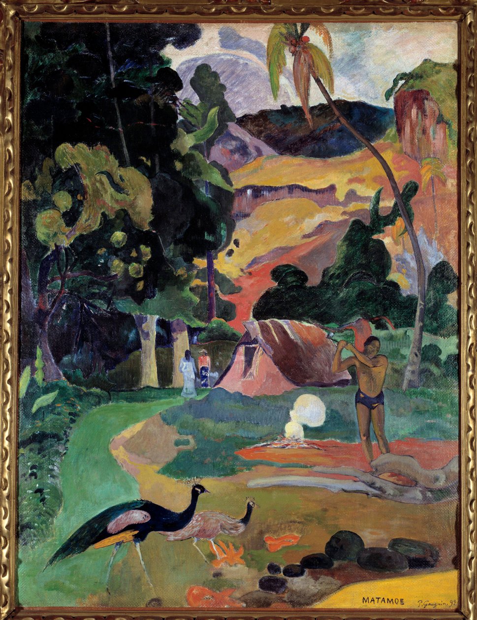Matamoe أو المناظر الطبيعية مع الطاووس منظر لمنظر طبيعي في تاهيتي. لوحة بول غوغان (1848-1903) بواسطة بول غوغان
