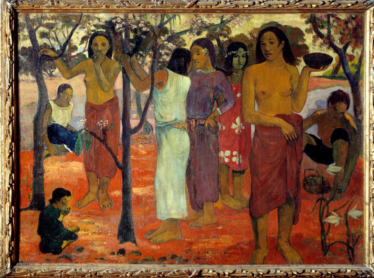ناف نافيه ماهانا (أيام لذيذة). نساء تاهيتيات في حديقة. رسم بول غوغان (1848-1903) 1896 صن. 0.94 × 1.3 م ليون ، متحف الفنون الجميلة - ناف نافيه ماهانا المعروف أيضًا باسم "يوم لذيذ". مجموعة من النساء التاهيتيات في حديقة. اللوحة بواسطة Pa بواسطة بول غوغان