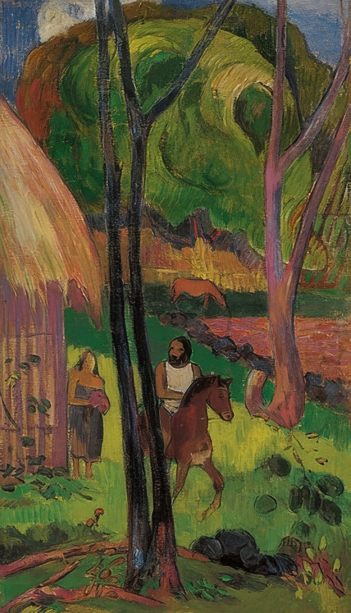 فرسان أمام الكوخ (Cavalier devant la case). 1902 بواسطة بول غوغان