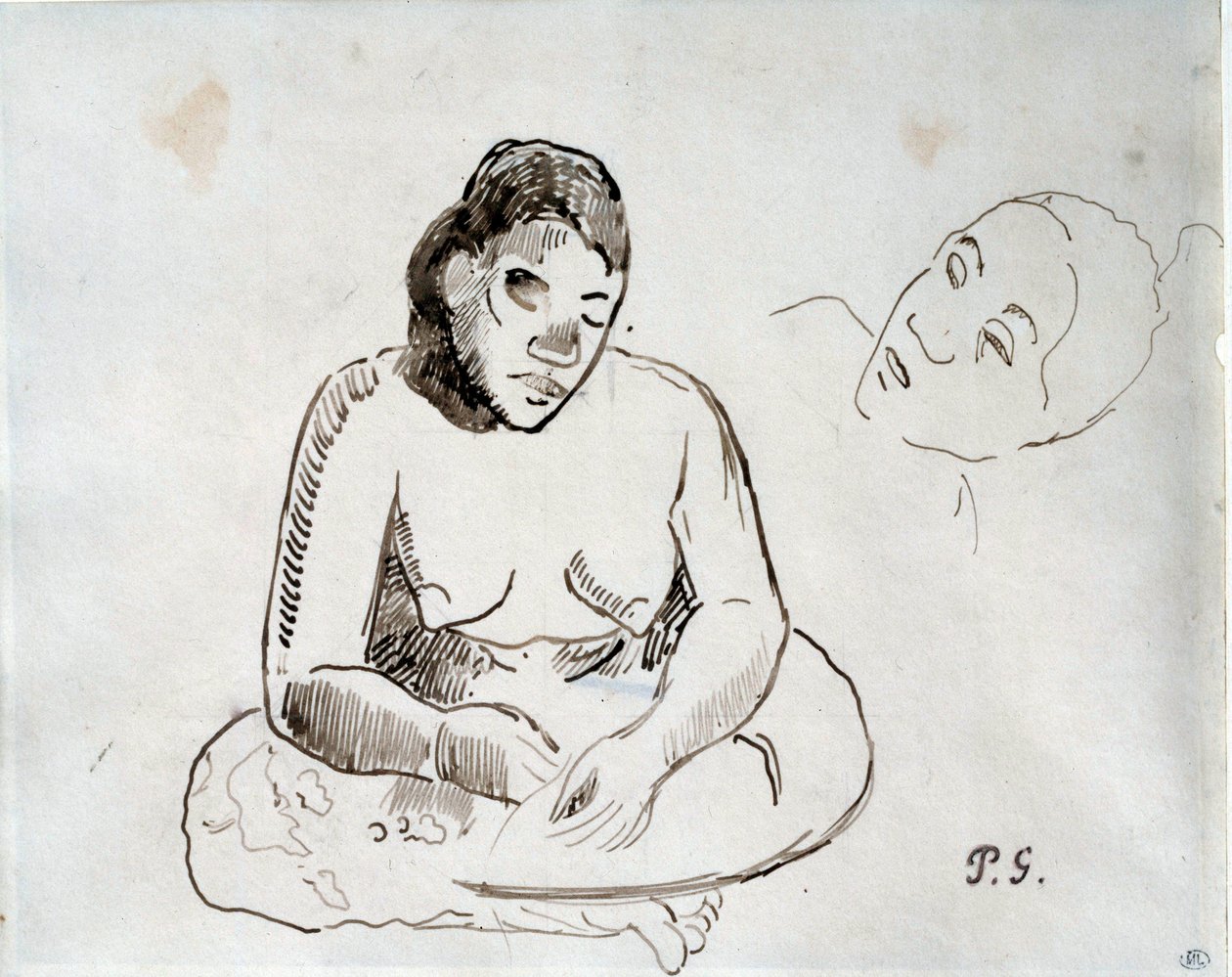 Tahitian woman sitting Ink study by Paul Gauguin (1848-1903) 19th century Paris, Louvre Museum بواسطة بول غوغان