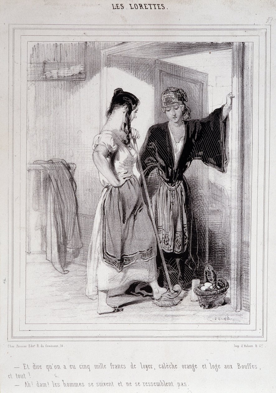 امرأتان فقيرتان في حديث على الدرج عن الرجال ، “Les Lorettes” ، Gavarni ، ج. 1840. بواسطة بول جافارني