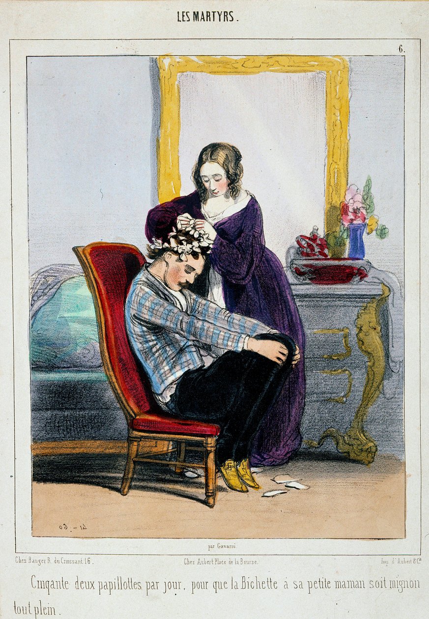 أم تضع بكرات شعر على ابنها. رسم كاريكاتوري لبول جافارني (1804-1866) باريس القرن التاسع عشر ، فنون زخرفية بواسطة بول جافارني