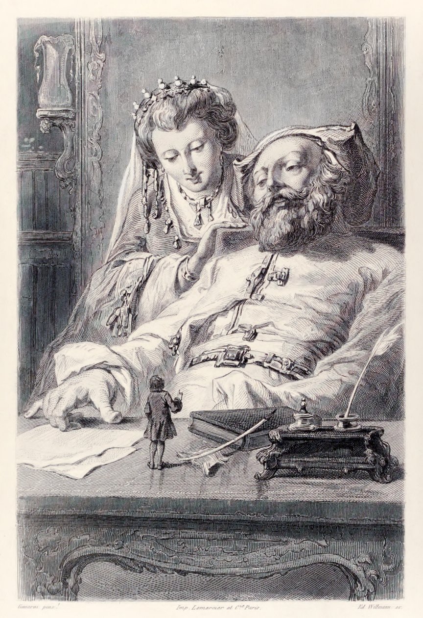 أجبت Frontispiece من النسخة الفرنسية من Gullivers Travels بواسطة Jonathan SwiftI على أسئلة الملوك بشكل صحيح Gulliver و King و Queen of Brobdingnag. بواسطة بول جافارني