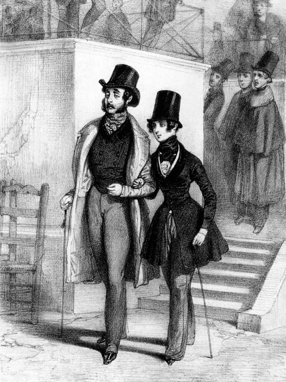 جورج ساند (على اليمين) يرتدي زي الطالب، وعشيقها جول ساندو في باريس، ج. 1831، نقش لبول جافارني (1804-1866) بواسطة بول جافارني
