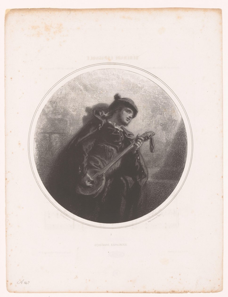 رجل مع آلة البانجو يغني ويعزف على نغمة Sérénade espagnole (العنوان على الكائن) رسوم توضيحية لأغاني جان جافارني (عنوان المسلسل) الرسوم التوضيحية des Mélodies de Madame Jeanne Gavarni (عنوان المسلسل) بواسطة بول جافارني