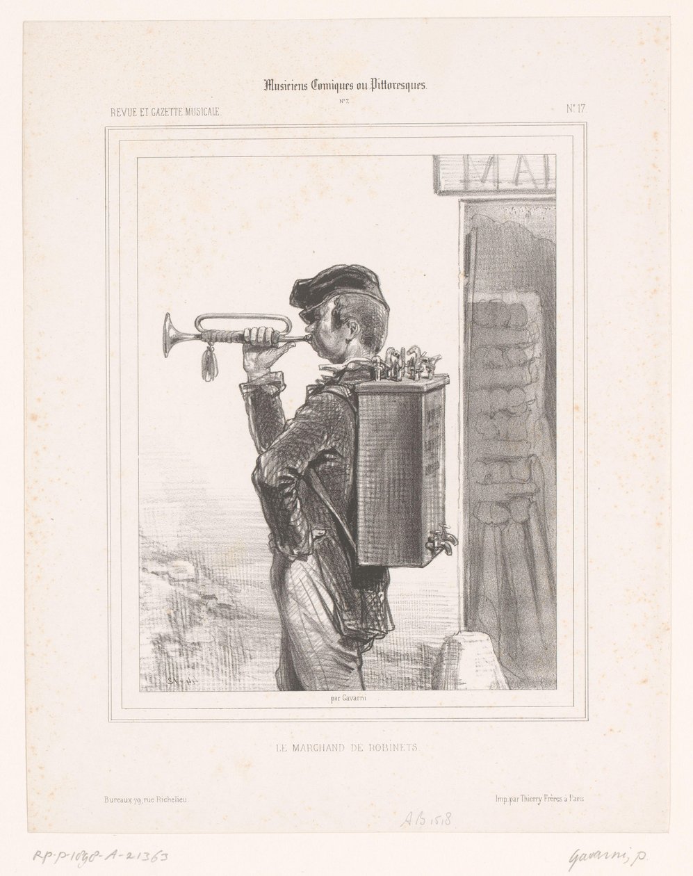 بائع الحنفيات يلعب البوق Le marchand de robinets (العنوان على الكائن) الموسيقيون الكوميديون (عنوان المسلسل) Musiciens Comiques ou Pittoresques (عنوان السلسلة على الكائن) بواسطة بول جافارني