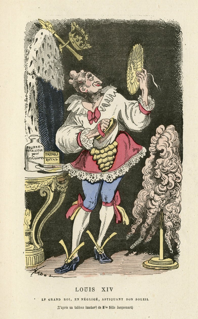 رسم توضيحي لـ Hadol (1835-1875) في Histoire de France tintamarresque ، كاليفورنيا. 1880 - مكياج ، نظام Ancien ، سولي ، شعر مستعار - لويس الرابع عشر بواسطة بول هادول