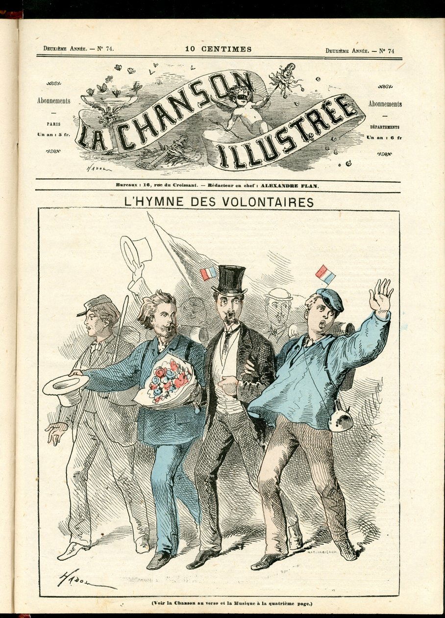 La Chanson Illustre (مجلة) ، العدد 74 ، Satirique en Couleurs ، حوالي عام 1870: نشيد المتطوعين - الحرب 1870-1871 ، الوطنية - رسم توضيحي بواسطة هادول (1835-1875) بواسطة بول هادول