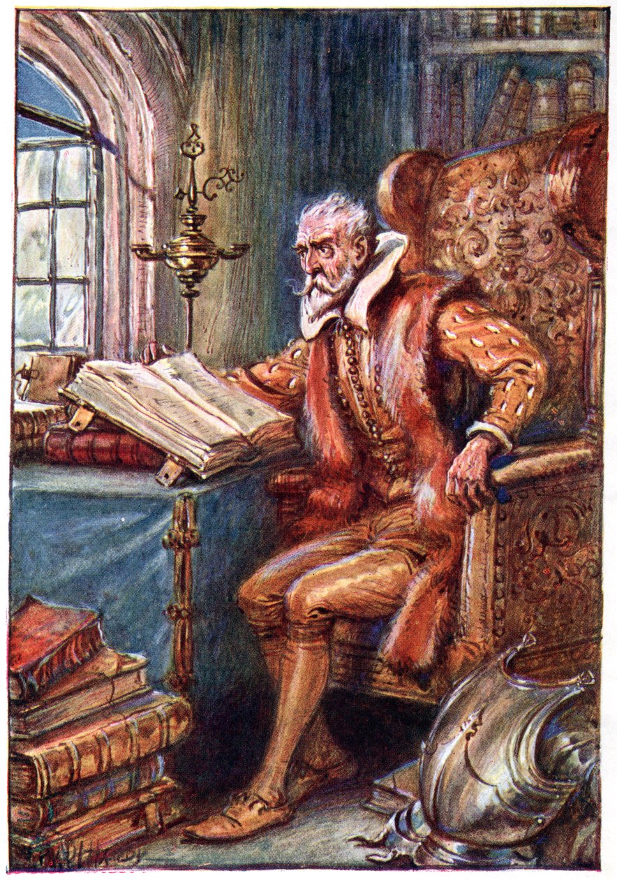 لقد قضى وقته في قراءة كتب فارس الفاسد ، رسم توضيحي من "مغامرات دون كيشوت" ، الذي نشره G. Bell und Sons، Ltd.، 1911 بواسطة بول هاردي
