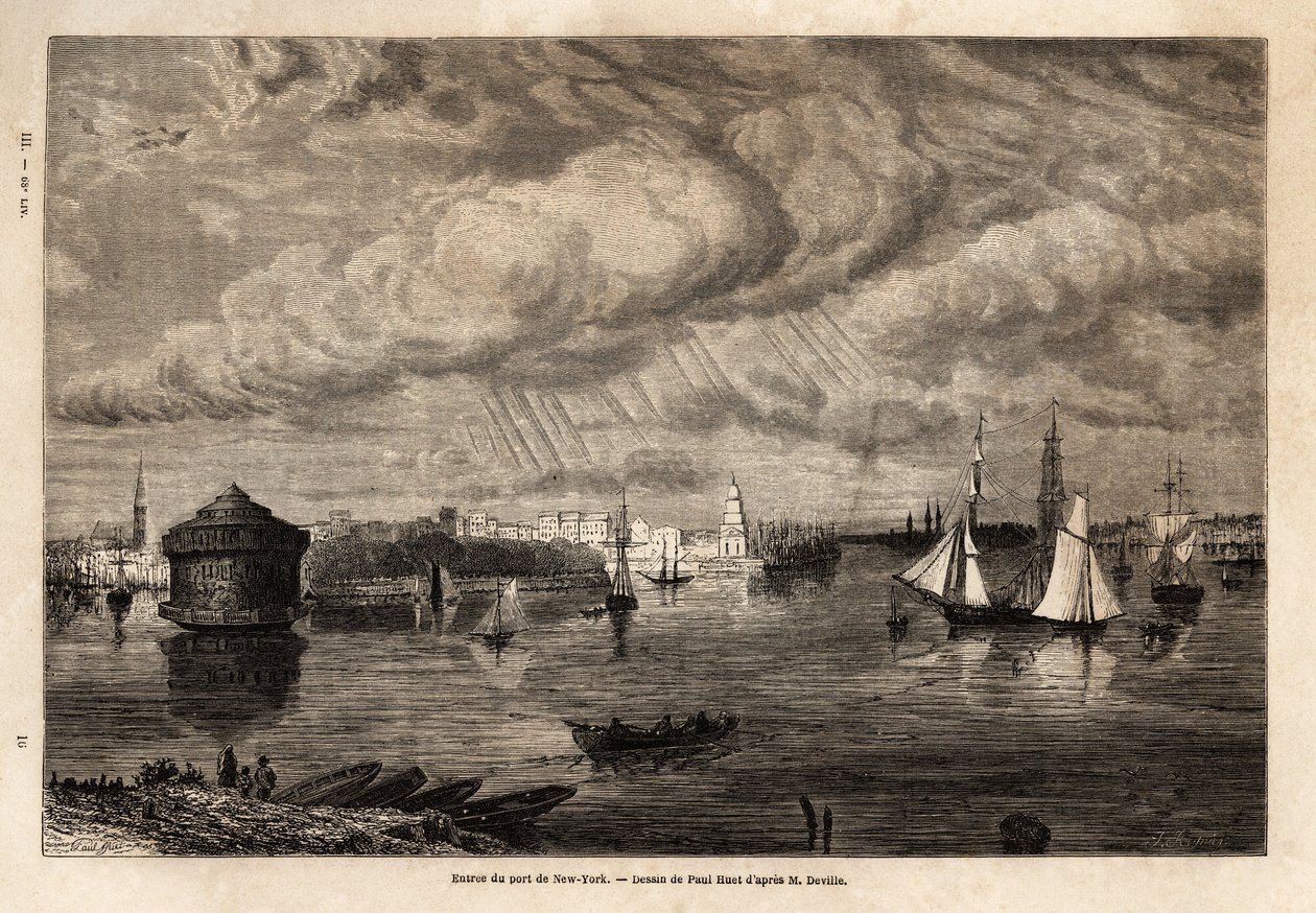 مدخل ميناء نيويورك ، رسمه بول هويت (1803-1869) ، لتوضيح الرحلات إلى أمريكا الشمالية في 1854-1855 ، بقلم إل ديفيل. نقش في "" Le Tour du monde "" 1861. مجموعة سيلفا. بواسطة بول هويت