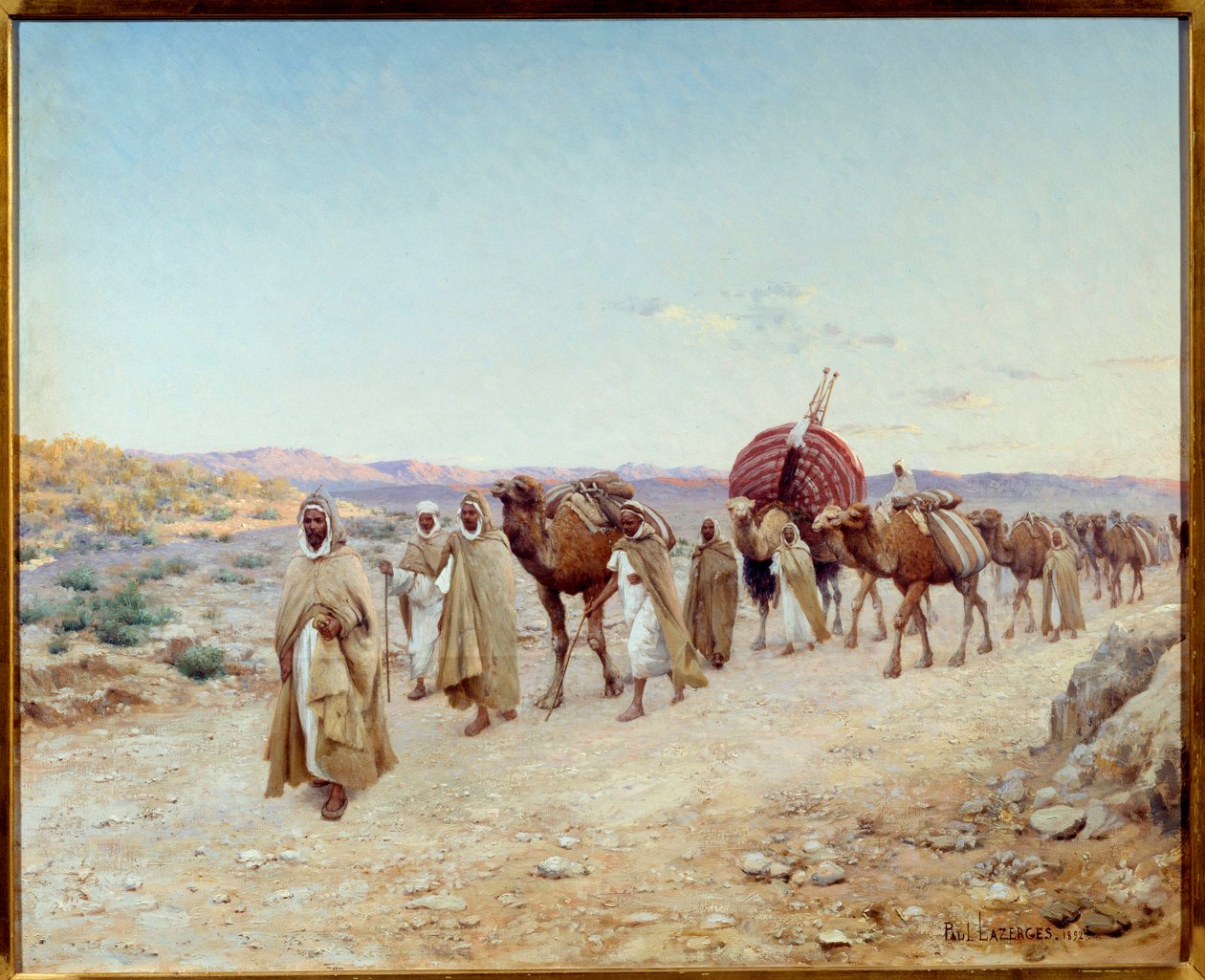 قافلة في الصحراء بالقرب من بسكرة بالجزائر عام 1892 لوحة رسمها جان بابتيست بول هيبوليت لازرجس ، ديت بول لازرجس (1845-1902) 1892 شمس. 0،81x1،01 m نانت ، متحف الفنون الجميلة - قافلة في الصحراء بالقرب من بسكرة ، الجزائر بواسطة بول جون بابتيست لازرجيس