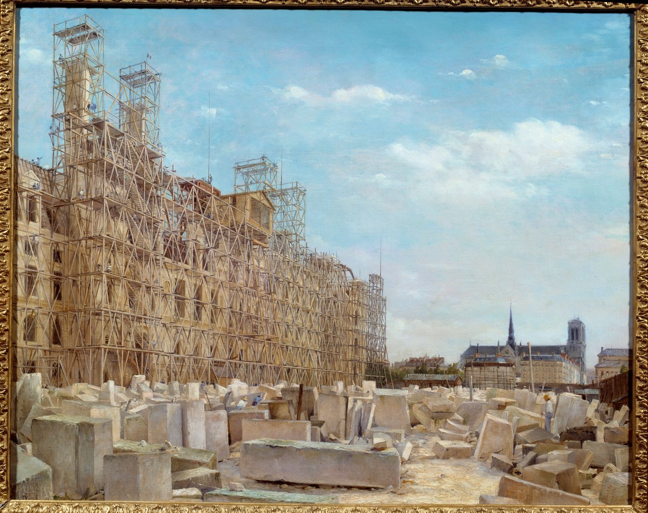 The City Hall of Paris in reconstruction The building, fire in 1871 by the Communards, is being rebuilt and covered with scaffolding and stone block. Painting by Victor Dargaud (ca. 1850-a. 1913) 1880 Sun. 0,65 x 0,81 m Paris, musee Carnavalet - City Hall  بواسطة بول جوزيف فيكتور دارجود