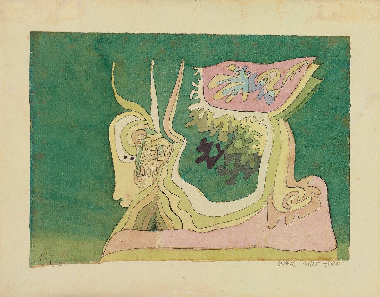 لأن كل شيء يتدفق ؛ ويل أليس فليست ، حوالي عام 1929 (ألوان مائية وقلم وحبر على ورق) بواسطة بول كلي