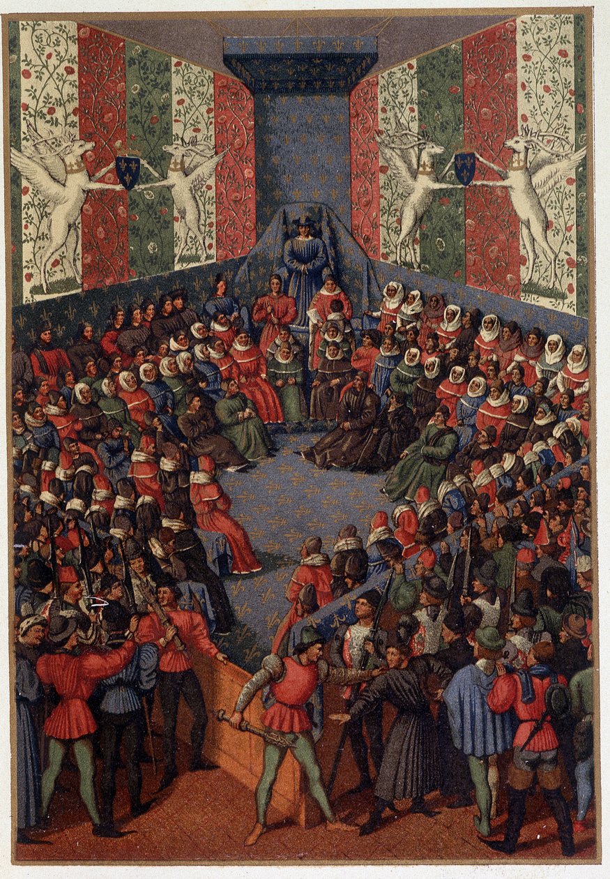 ترأس تشارلز السابع حكم جون دوق أليكون (المتحالف مع الإنجليز) في فاندوم عام 1458 - بعد منمنمة فوكيه ، في "" الحياة العسكرية والدينية في العصور الوسطى وعصر النهضة "بقلم بول لاكروا ، باريس بواسطة بول لاكروا