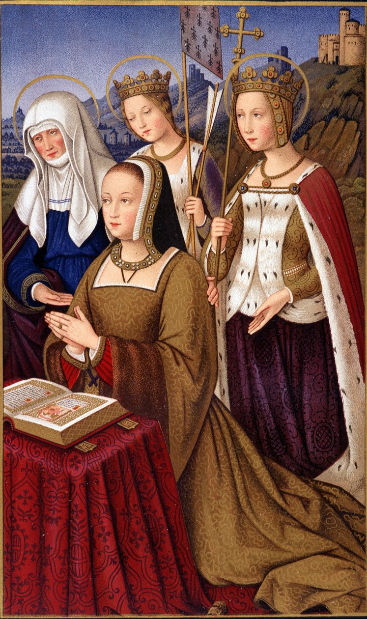 صورة آن أوف بريتاني (1477-1514) ، ملكة فرنسا ، في الصلاة مع شفيعها القديسة سانت آن وسانت هيلين وسانت أورسول - في "" الحياة العسكرية والدينية في العصور الوسطى وعصر النهضة "" بقلم بول لاكروا ، باريس بواسطة بول لاكروا