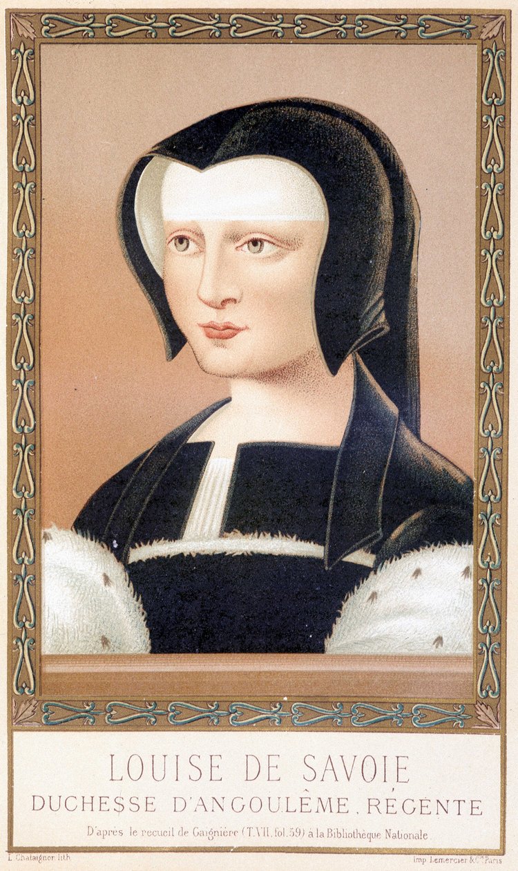 صورة لويز دي سافوي (1476-1531) ، دوقة أنغوليم وريجنتي فرنسا. الطباعة الحجرية الملونة من "لويس الثاني عشر وآن دي بريتاني" بقلم بول لاكروا ، محرر. جورج هرتريل بواسطة بول لاكروا