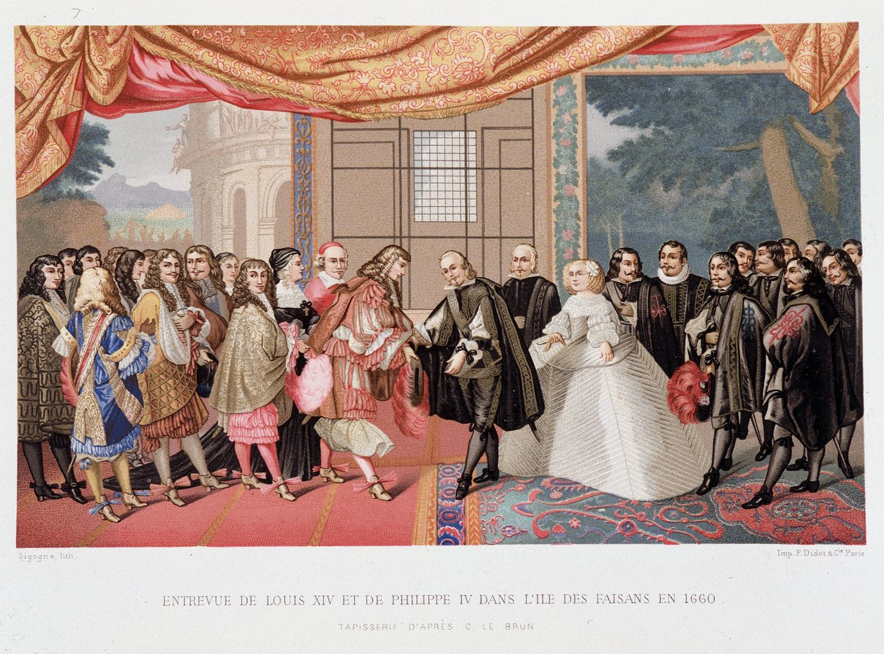 حرب الثلاثين عامًا: "" مقابلة مع ملك فرنسا لويس الرابع عشر (1638-1715) وفيليب الرابع ملك إسبانيا (1605-1665) في جزيرة بيزان في 7/11/1659 "" وافقت إسبانيا على توقيع معاهدة جبال البرانس. ابنة فيليب الرابع ، ماري تيريز (ماري تيريز) بواسطة بول لاكروا