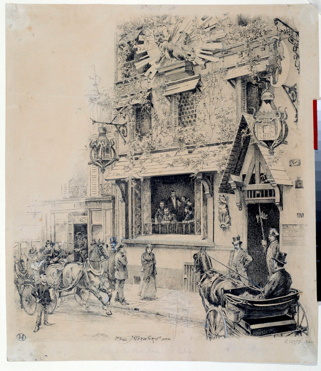منظر لمدخل Cabaret du Chat Noir. رسم بالحبر رسمه بول ميروارت (1855-1902) في القرن التاسع عشر في باريس ، متحف كارنافالي بواسطة بول ميروارت