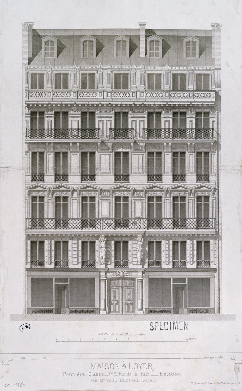 تصميم لكتلة من شقق نمط Haussmann في شارع de la Paix ، باريس ، c.1860 بواسطة بول ميسنارد