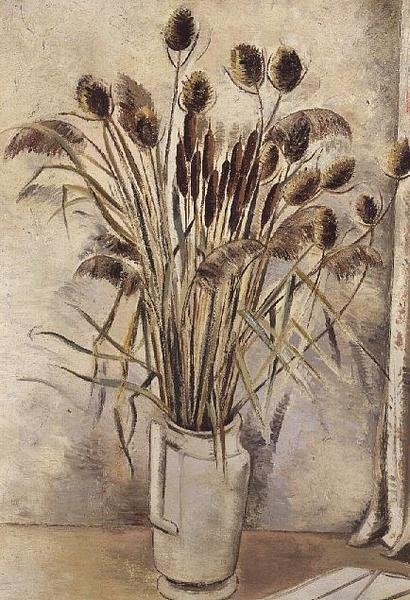 لا تزال الحياة مع Bullrushes في إبريق أبيض بواسطة بول ناش