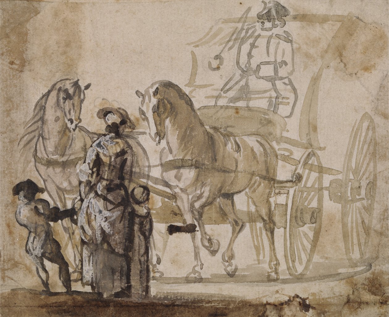 عربة وزوج ، مع Coachman (غسيل رمادي وبني مع الأبيض على الورق) بواسطة بول ساندبي